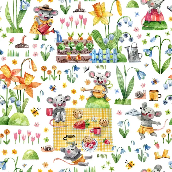 Piknik Jarní Louka Hladký Vzor Roztomilými Myškami Jedlemi Květinami Jahodami Stock Obrázky