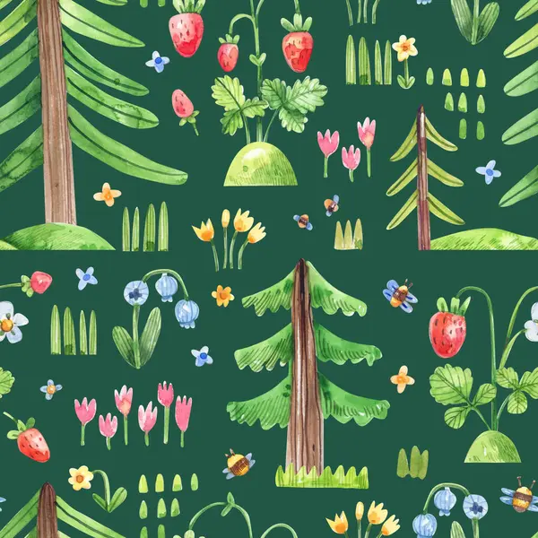 Muster Mit Tannen Blumen Erdbeeren Auf Dunkelgrünem Hintergrund Kinder Stil lizenzfreie Stockbilder