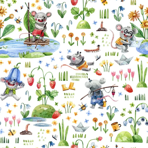 Louce Procházejí Roztomilé Myšky Rybaří Baví Jarních Květinách Akvarel Ilustrace Stock Fotografie