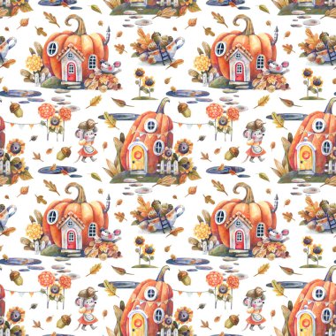 Karikatür sonbahar desenli balkabağı evleri, sonbahar yaprakları, çiçekler, sevimli küçük fareler. El çizimi resimlerle arka plan.