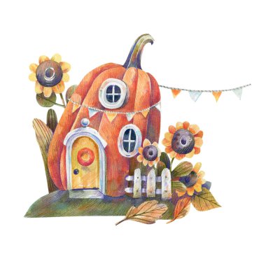 Sonbahar suluboya çizimi ve sonbahar çiçeklerinde bir balkabağı evi. Peri masalı evi - balkabağı, ayçiçeği, sonbahar yaprakları.