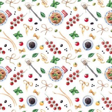 Beyaz arka planda yemek pişirmek için İtalyan makarnası içerikli suluboya desenli. Makarna, köfte, domates, fesleğen.