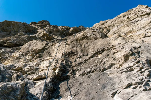 Vacker Klättringstur Ostrachtaler Ferrata Vid Oberjochpass Nära Oberjoch Bad Hindelang — Stockfoto