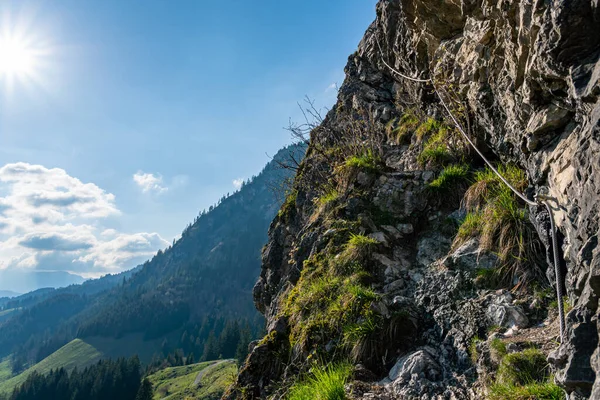 stock image Beautiful climbing tour on the Ostrachtaler via ferrata at the Oberjochpass near Oberjoch Bad Hindelang in the Allgau Alps