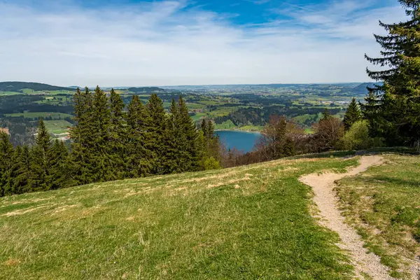 Immenstadter Borusu 'na ve Allgau yakınlarındaki Immenstadt Şelaleleri boyunca Gschwender Boynuzu' na manzaralı bahar yürüyüşü.