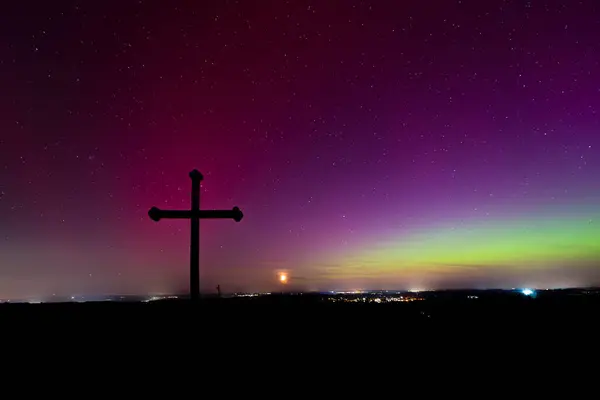 Colorful Northern Lights Aurora Borealis Allgau Southern Germany 스톡 사진