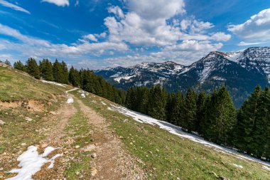 Oberstaufen Steibis yakınlarındaki Allgau 'daki Nagelfluhkette' deki Denneberg 'e doğru güzel bir panoramik yürüyüş yolu.