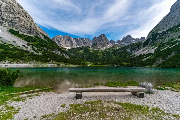 stock image Panoramic mountain tour in Ehrwald via the Tajatorl to Drachensee, Coburger Hut and Seebensee in the Tiroler Zugspitz Arena