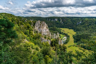 Stunning landscape in Donautal featuring cliffs forests and lush greenery ideal for outdoor hiking adventure clipart