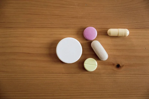 Various Drugs Wooden Table — Stock Photo, Image