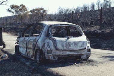 İzmir, Türkiye - 23 Temmuz 2022: Burnt car 'ın arka görüntüsü Derya Site Seferihisar İzmir' deki orman yangınından sonra.