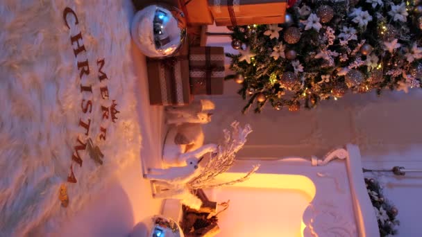 Filmación Una Habitación Con Chimenea Árbol Navidad Algunos Adornos Navidad — Vídeo de stock