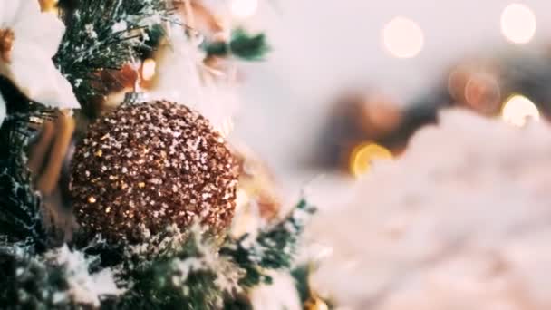 Close Shot Van Een Ornament Opknoping Een Kerstboom — Stockvideo