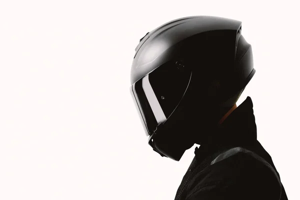 Porträt Eines Motorradfahrers Der Mit Schwarzem Helm Auf Weißem Hintergrund — Stockfoto