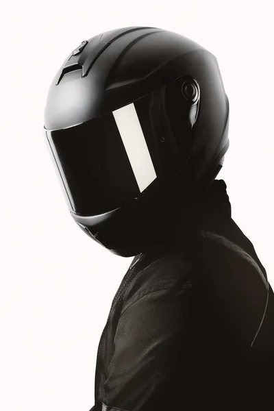 Porträt Eines Motorradfahrers Der Mit Schwarzem Helm Auf Weißem Hintergrund — Stockfoto
