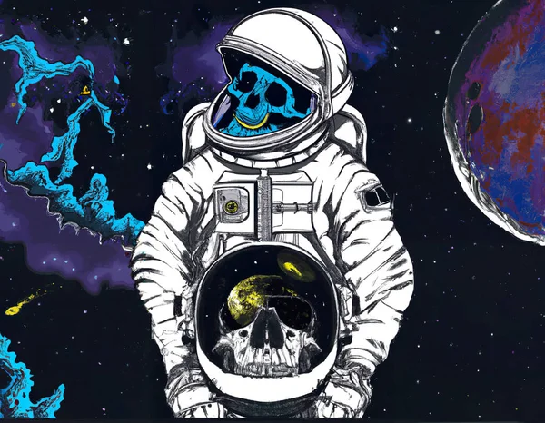 Skulls in astronaut suits in space. Drawing made via dall e AI software.
