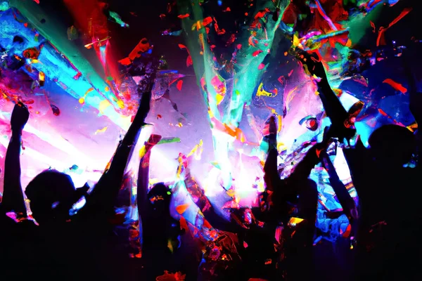 Sylwetka Ludzi Klubie Kolorowymi Punktami Światła Confetis — Zdjęcie stockowe