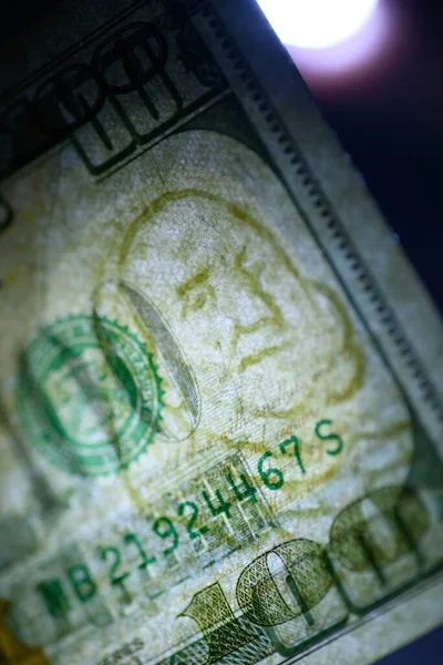 Close Shot Secret Face Benjamin Franklin Face Hundred Dollar Banknote — Stock Photo, Image