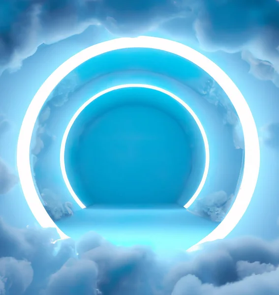 A blue room with clouds and circle neon lights.