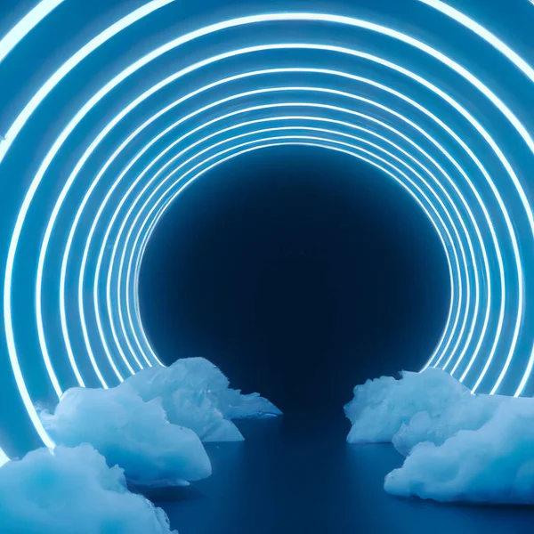 A blue room with clouds and circle neon lights.