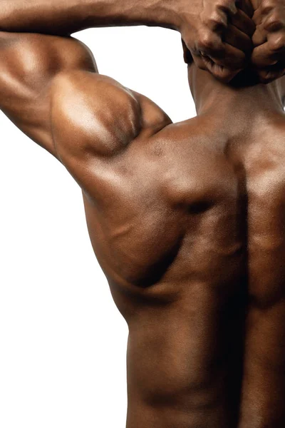 Närbild Skott Muskulös Svart Man Tillbaka — Stockfoto
