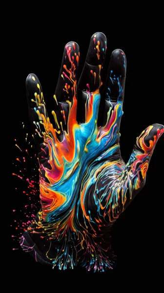 Pintura Psicadélica Abstrata Salpicar Mão Sobre Fundo Preto — Fotografia de Stock