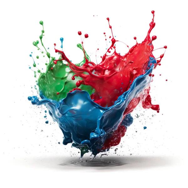 stock image Red, green, blue, mixed acrylic color paints splashing on a white background.