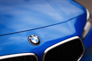 İzmir, Türkiye - 6 Mayıs 2023: Mavi renkli BMW marka bir arabanın BMW logosu.