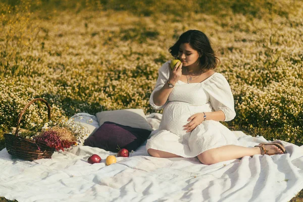 Bílé Piknikové Dece Zdobené Polštáři Odpočívá Těhotná Žena Mezi Jablky — Stock fotografie