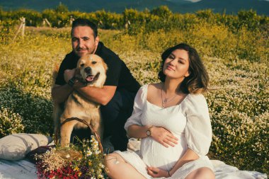 Beyaz bir piknik battaniyesinde, hamile bir kadın ve kocası, sıcak bir anı paylaşırken, dost canlısı köpekleri yakınlarda sevgi ararlar.