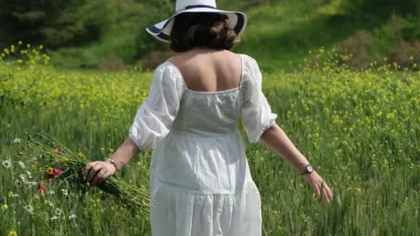 白い服を着た妊婦は野生のデイジーやケシの香りを味わいます 彼女は小麦畑に集まっています — ストック動画