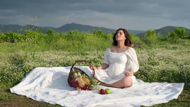 Beyaz Giysili Hamile Bir Kadın Piknik Battaniyesinde Meditasyon Yapıyor Etrafı — Stok video