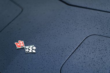 İzmir, Türkiye - 3 Haziran 2023: Buca Pond 'daki IZKOD Klasik Otomobil Buluşmasında, yağmur damlalarıyla kaplı siyah 1973 Corvette üzerindeki logonun yakın plan çekimi