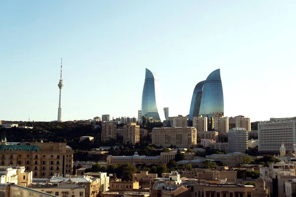 Baku Azerbaijan June 2023 Evening Shot Iconic Flame Towers Basking — Stock Photo, Image