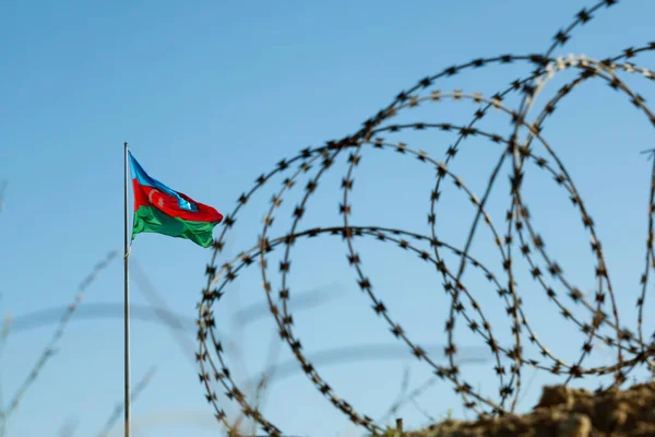 Azerbaijan Flag Waving Wind Visible Barbed Wire Backdrop Clear Blue — Stock Photo, Image