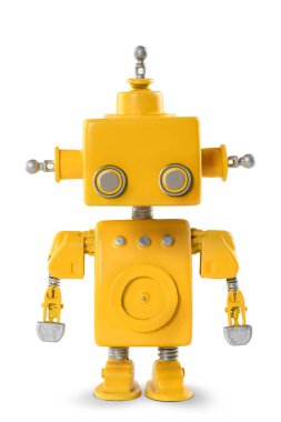1960 'ların retro dizaynına sahip el yapımı hoş bir robot modeli, büyüleyici sarı bir renge sahip. Arka plan bembeyaz, robotun sevimli cazibesini arttırıyor.