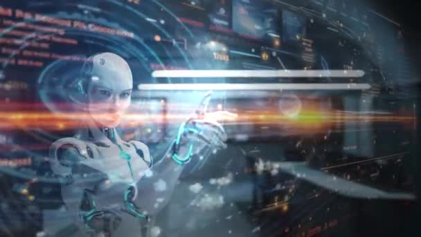 Entorno Alta Tecnología Elegante Robot Humanoide Femenino Navega Través Interfaces — Vídeo de stock