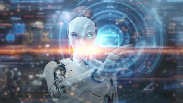 Högteknologisk Miljö Navigerar Elegant Kvinnlig Humanoid Robot Genom Flytande Holografiska — Stockvideo