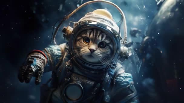 一只宇航员的猫站在月球一样的地形上 随着视频的放大 周围的宇宙揭示了遥远的行星 展现了猫广阔的宇宙背景 — 图库视频影像