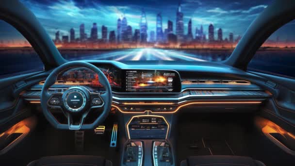 View Fast Moving Futuristic Electric Vehicle Overlooking Sprawling Advanced Cityscape — Stock Video
