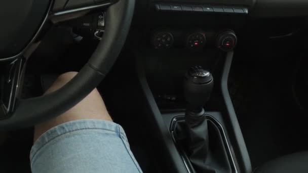 ドライバーの視点からのクローズアップビデオ 車内のギアを移動する正確な動きをキャプチャし 車両の伝送とのドライバーの相互作用を強調 — ストック動画