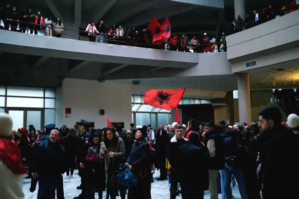 Tirana Albania November Crowd People Albanian Flags Gather Celebrate Public — Stock Photo, Image