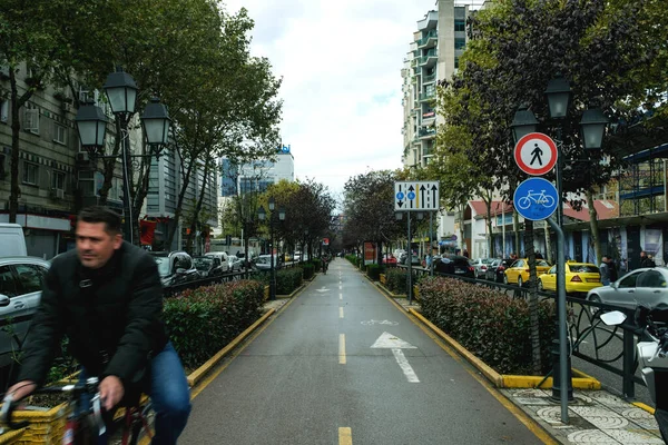 Tirana Albania November 2023 Photo Capturing Man Riding Bicycle Designated — Stock Photo, Image
