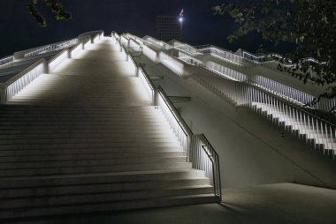 Tirana, Albania - November 28, 2023: Nighttime shot focusing solely on the stairs of Tirana Pyramid