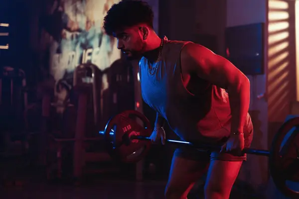 선수는 체육관에서 수행하는 파란색과 빨간색 조명과 가벼운 안개의 극적인 작용에 스톡 사진