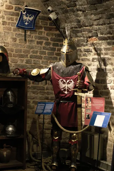 ベオグラード セルビア 2023年12月2日 ベオグラードのカレメグダンで展示されている複雑な装甲騎士 手で剣 騎士の歴史的な精神を体現 ロイヤリティフリーのストック画像