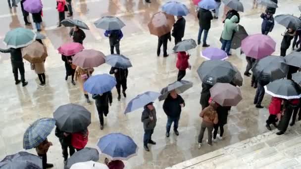 Tirana Albanien November 2023 Luftaufnahme Einer Menschenmenge Mit Regenschirmen Während — Stockvideo