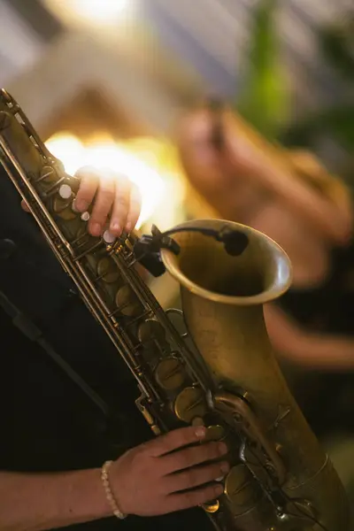 Captured Midst Concert Essence Saxophone Allure Framed Close — Stock Photo, Image