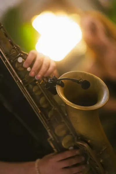 Fångad Mitt Konsert Essensen Saxofons Lockelse Inramad Närbild Royaltyfria Stockbilder