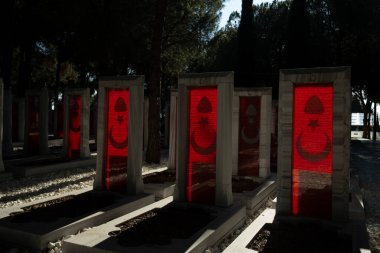 Çanakkale, Türkiye - 18-18 Aralık 2024: Gelibolu Yarımadası 'ndaki Çanakkale Şehitleri Anıtı' ndaki şehit mezarlarının yakın plan fotoğrafı.